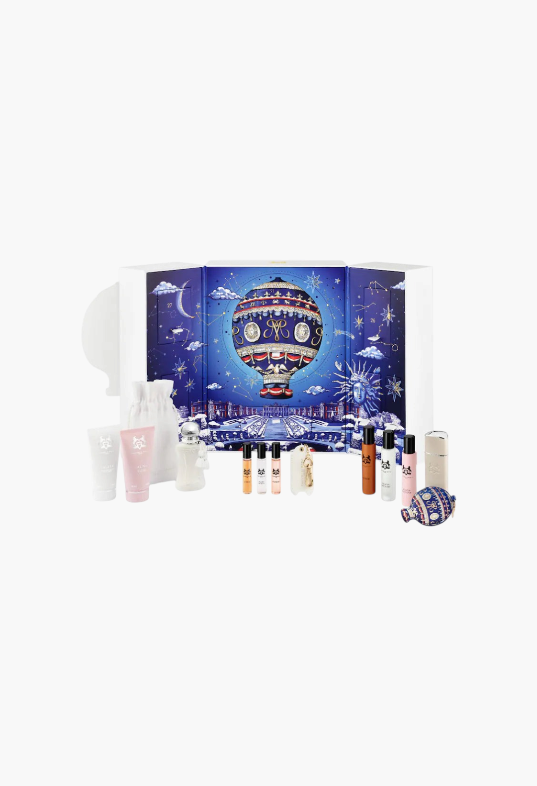 GLAM MODA Countdown Perfume Advent Calendar featuring a hot-air balloon illustration, 12 luxury fragrance gifts.