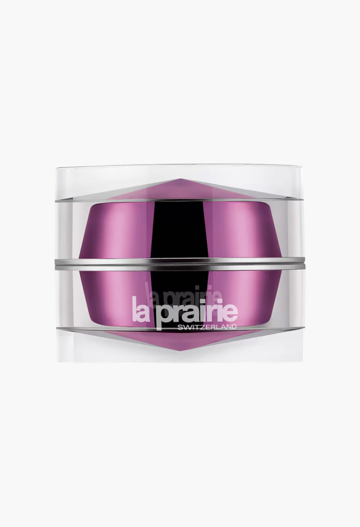 GLAM MODA La Prairie Platinum Rare Haute-Rejuvenation Cream in a luxurious purple and silver jar for anti-ageing.