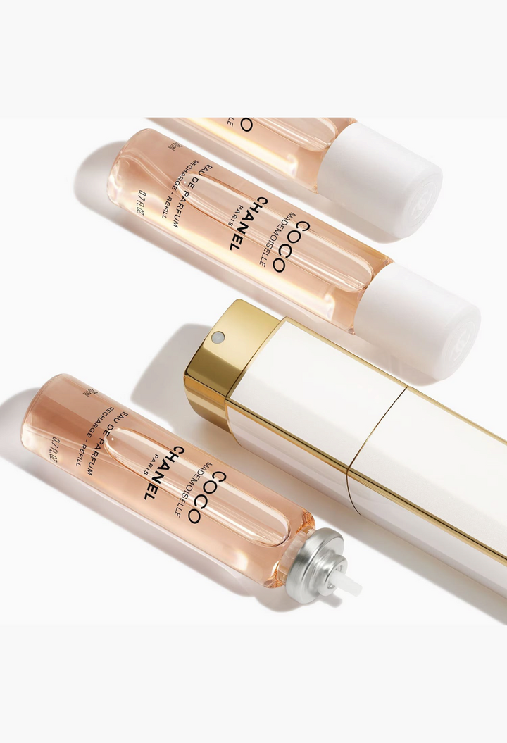 GLAM MODA CHANEL Coco Mademoiselle Eau de Parfum twist and spray set with refill vials on a white background