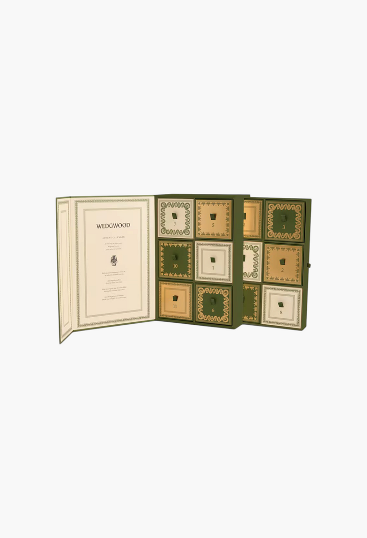 GLAM MODA Wedgwood bone china advent calendar with green and gold numbered drawers for 12 holiday tree decorations