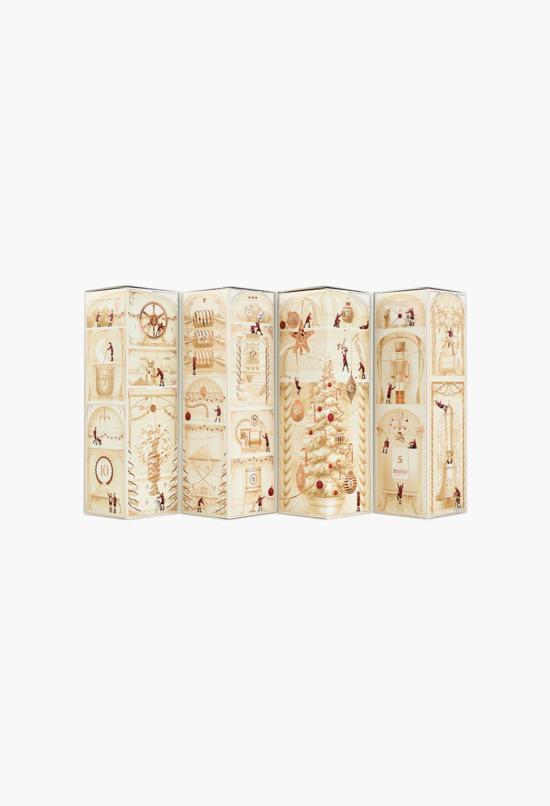 GLAM MODA Neuhaus chocolate advent calendar featuring festive illustrations of a Christmas tree and holiday scenes.