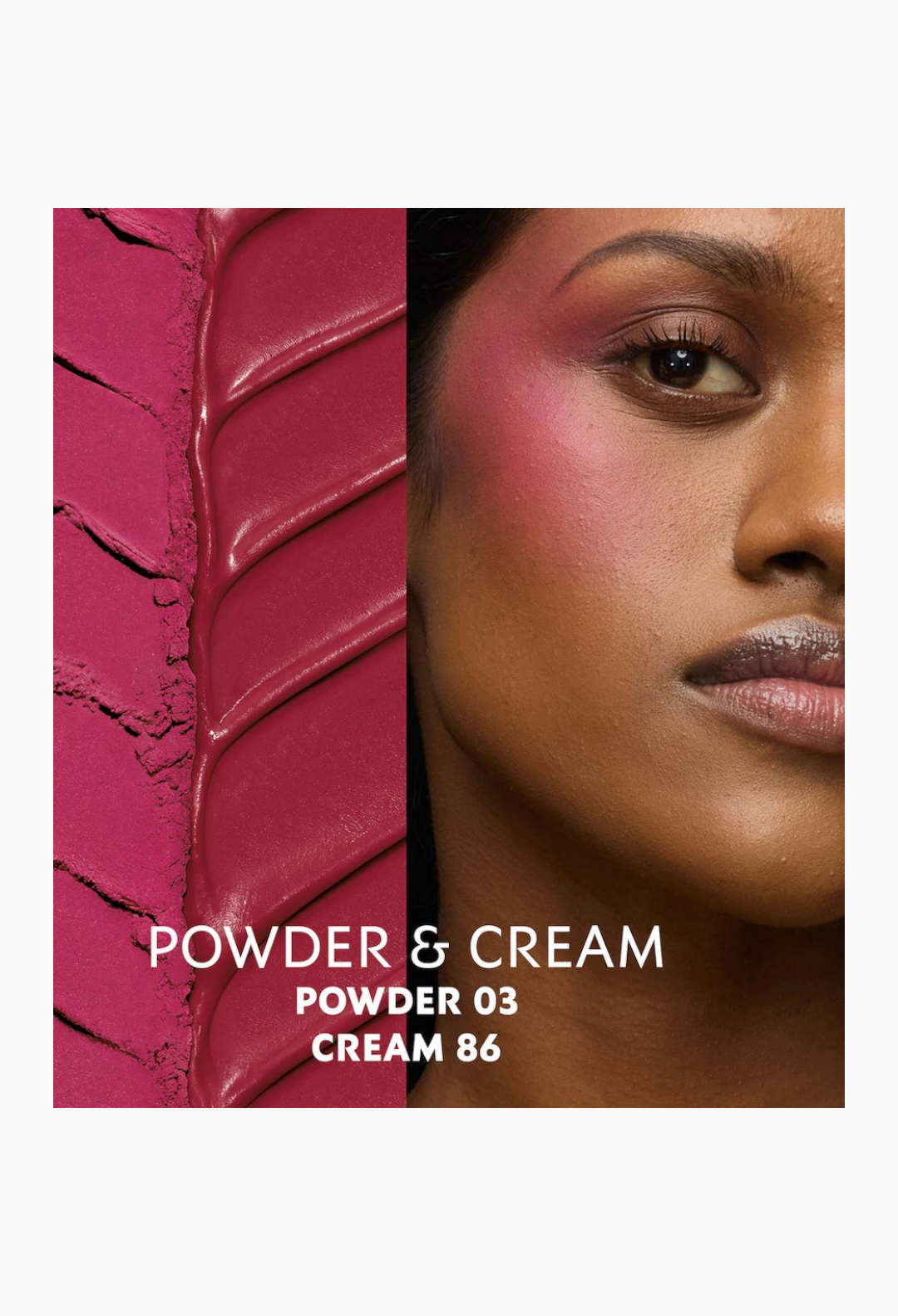 GLAM MODA Make Me Blush cream blush swatch in deep berry red applied on a model with a vibrant dewy finish