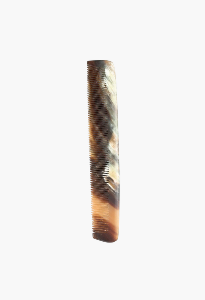 GLAM MODA Abbeyhorn handcrafted 150mm pocket comb made from natural ox horn with elegant brown and cream swirls.