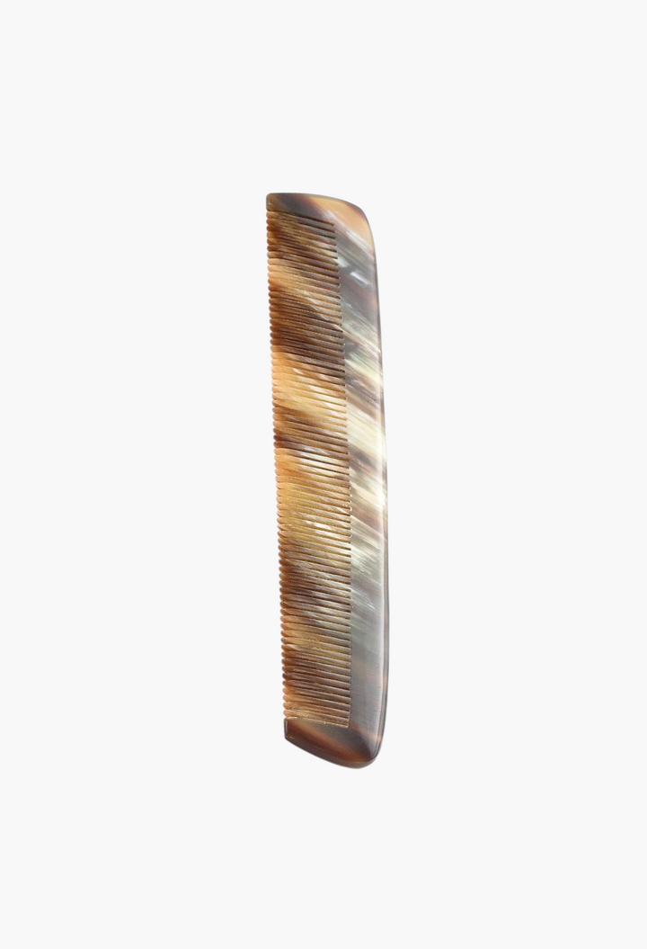 GLAM MODA Abbeyhorn 150mm pocket comb made from natural ox horn with elegant brown and cream marbled swirls