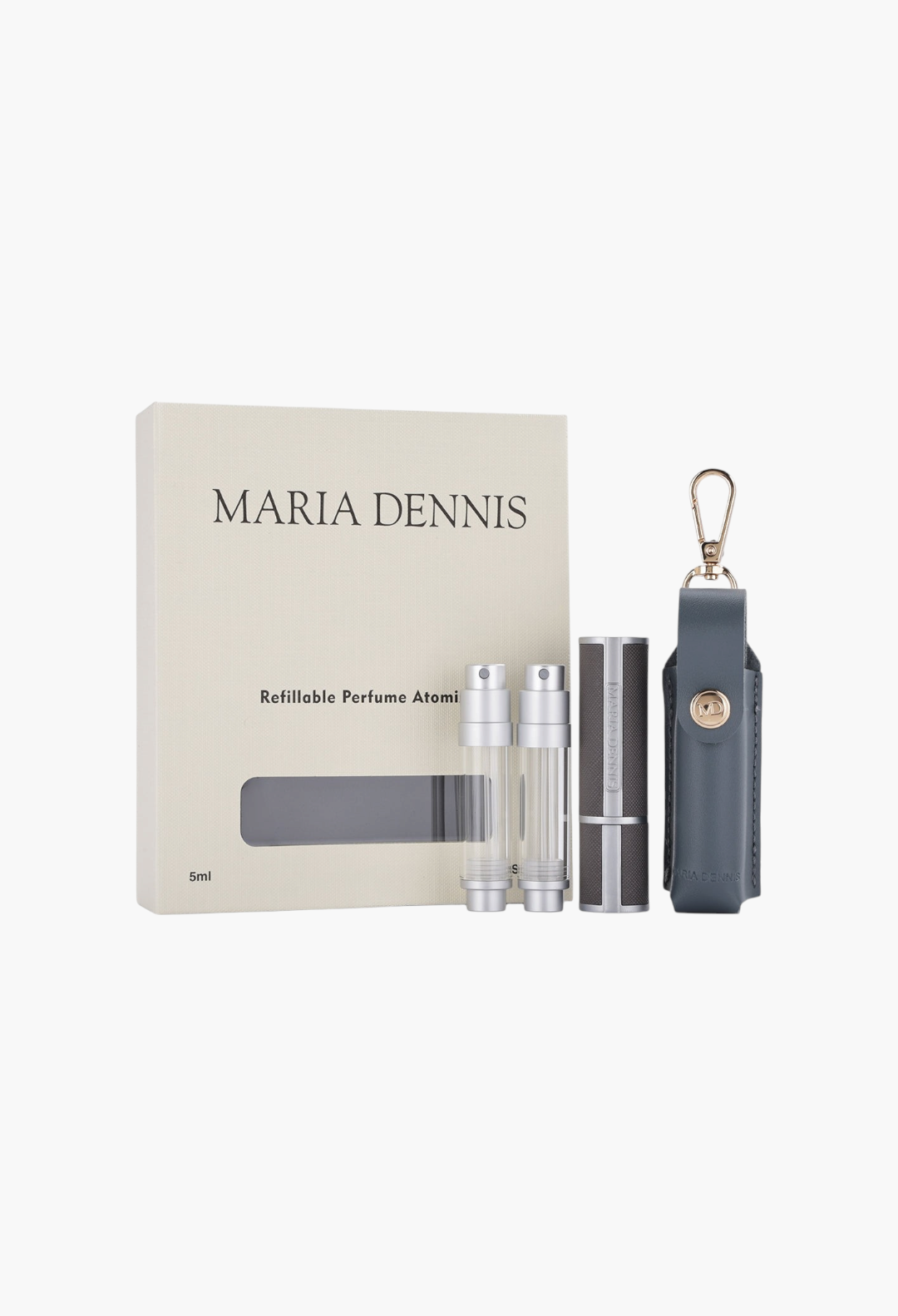 GLAM MODA Maria Dennis 5ml refillable perfume atomizer set with grey leather case and travel spray vials