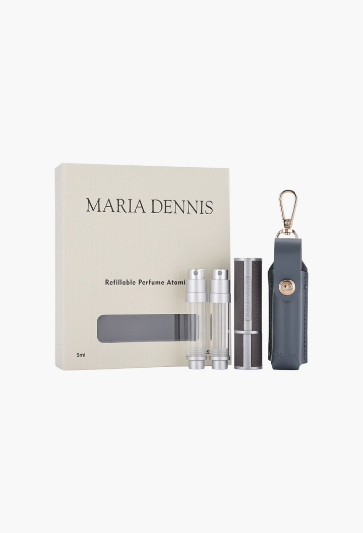 GLAM MODA Maria Dennis 5ml refillable perfume atomizer set with grey leather case and travel spray vials