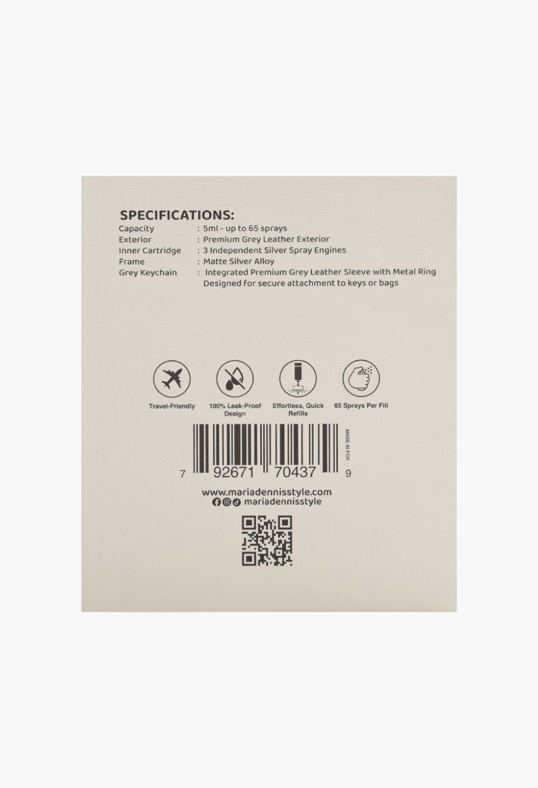 GLAM MODA Maria Dennis refillable perfume atomizer product specifications label with grey leather and silver details