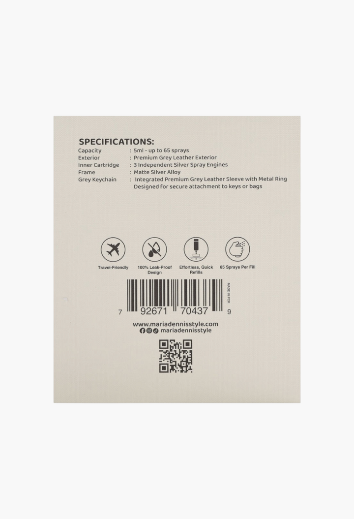 GLAM MODA Maria Dennis refillable perfume atomizer product specifications label with grey leather and silver details