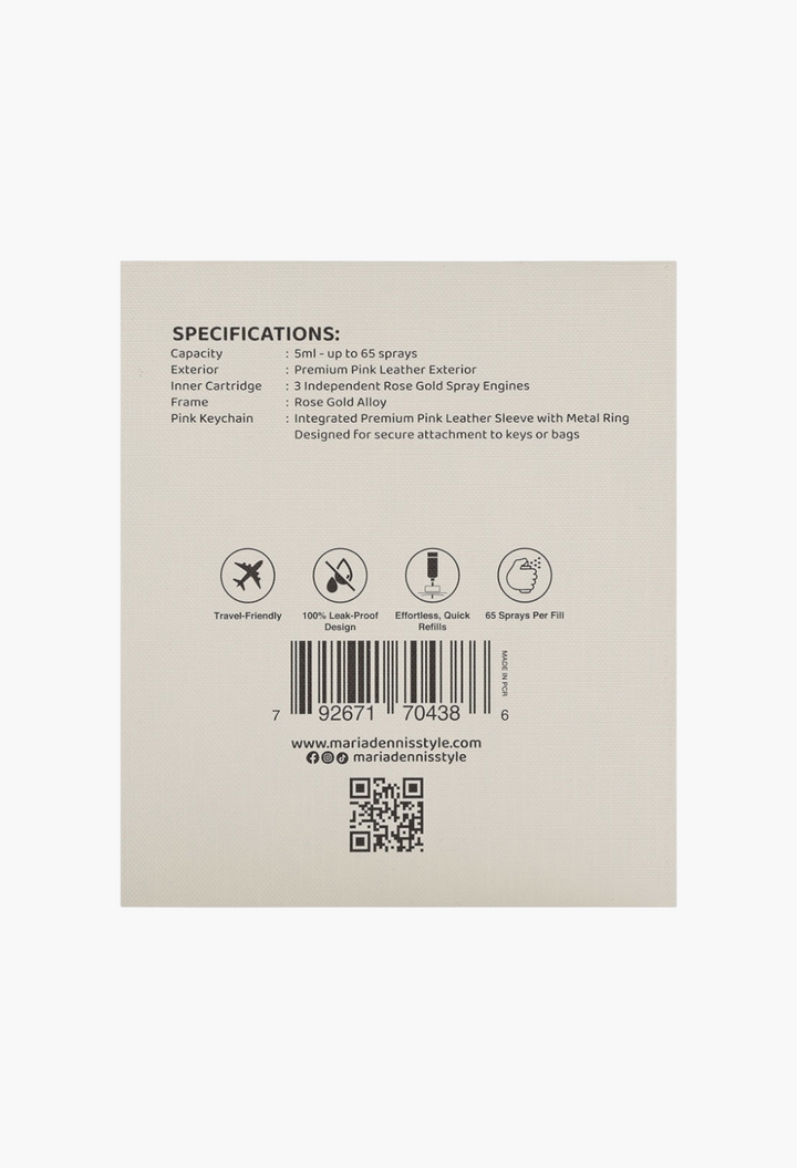 GLAM MODA Maria Dennis refillable perfume atomizer product specifications label with pink leather and rose gold details