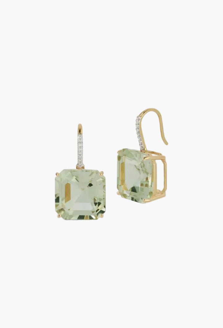 14kt Asscher Cut Green Amethyst Drop Earrings
