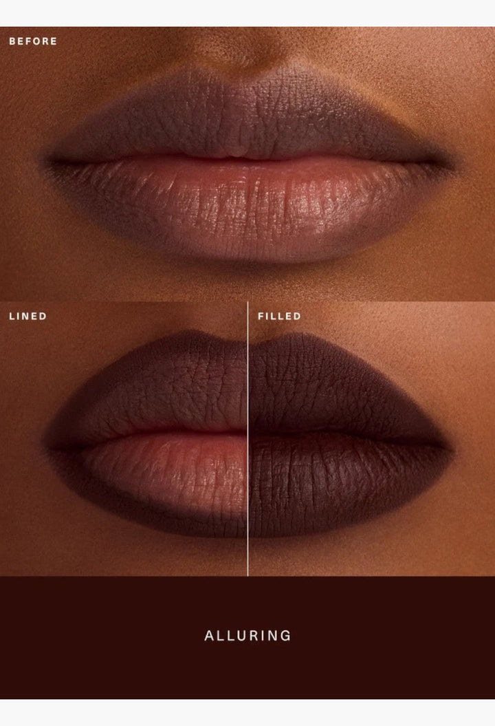 GLAM MODA Kind Words Matte Lip Liner in Alluring shade showing before, lined, and filled lip application results.