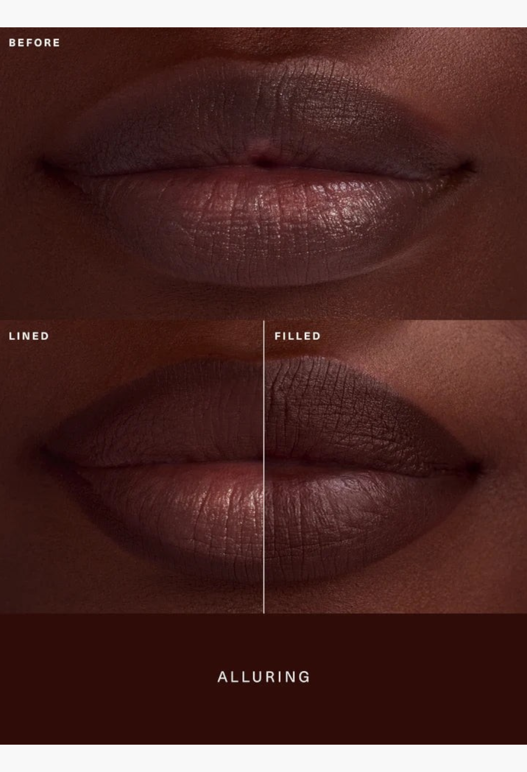 GLAM MODA Kind Words Matte Lip Liner in Alluring shade showing before, lined, and filled lip application results.