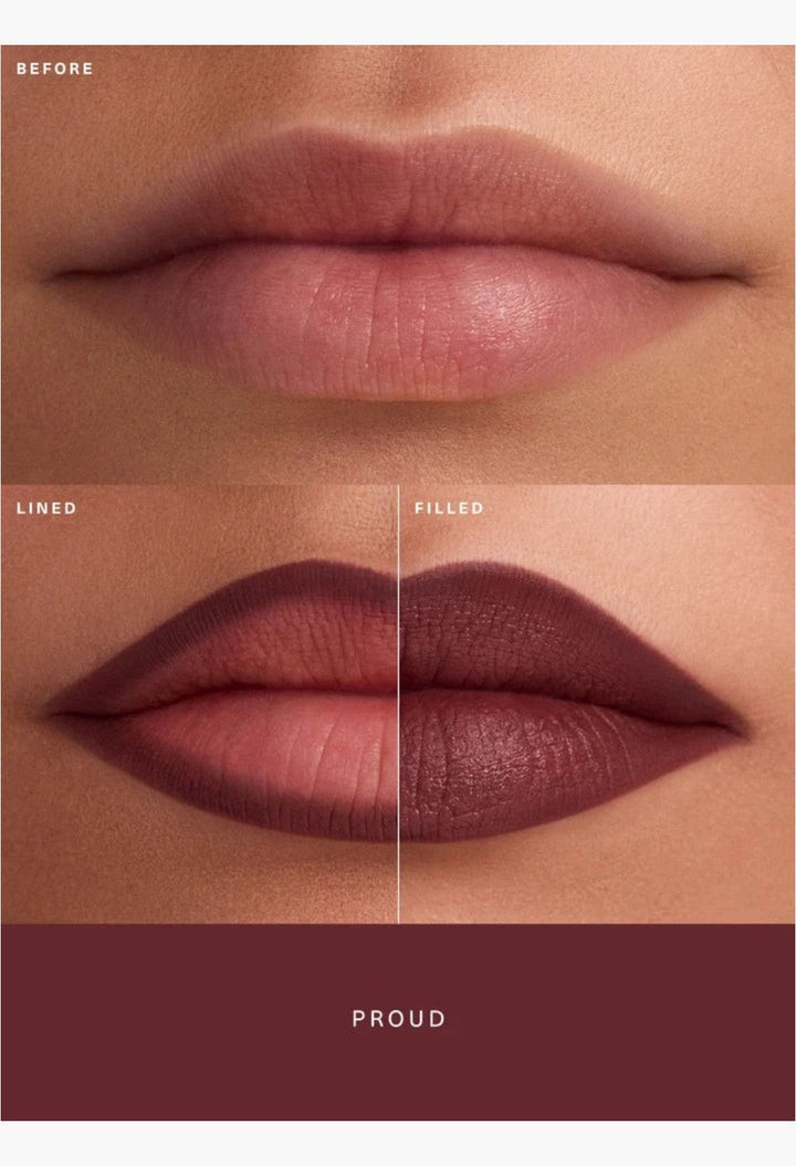 GLAM MODA Kind Words Matte Lip Liner showing before, lined, and filled lip application results in a soft matte finish