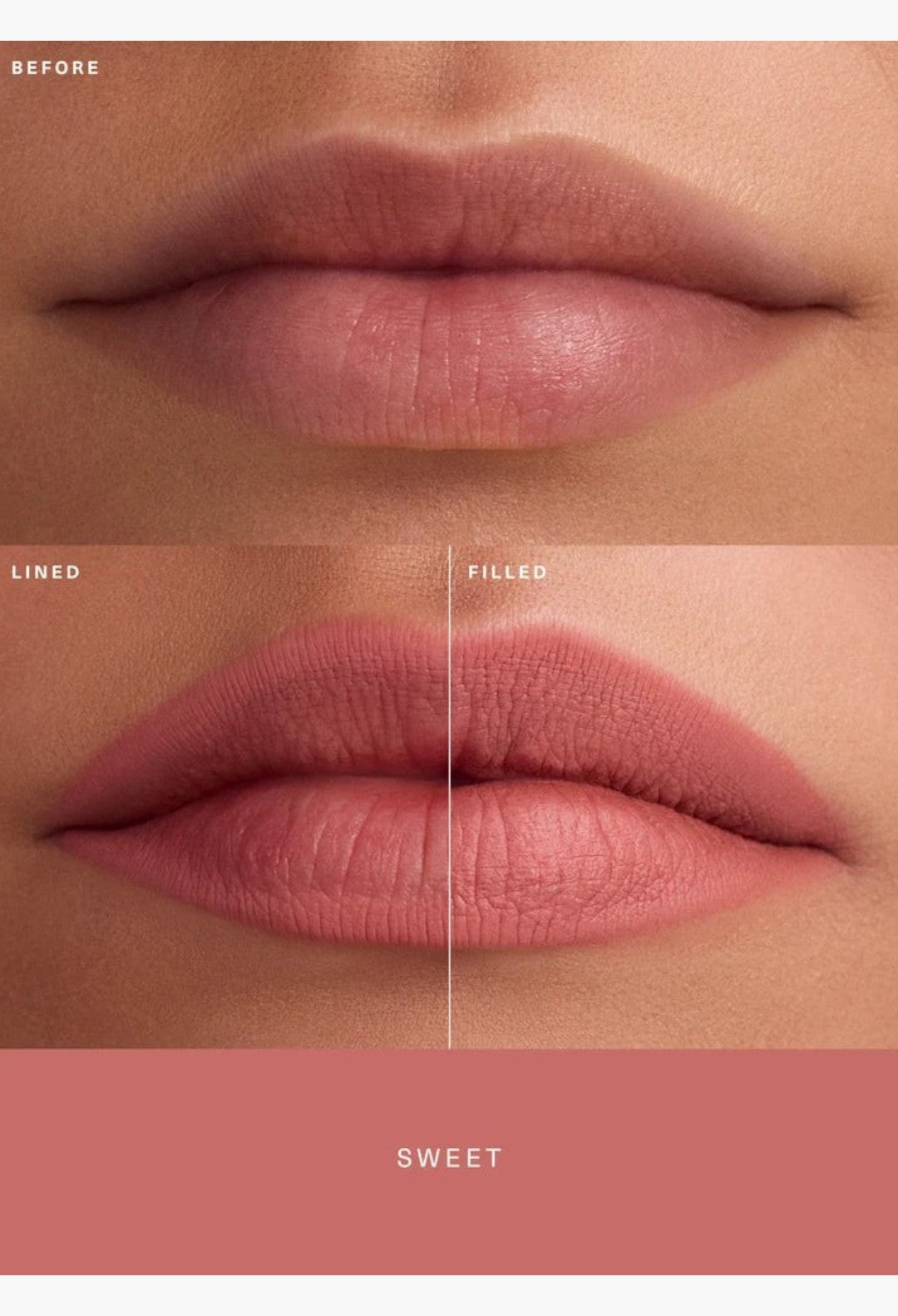 GLAM MODA Kind Words Matte Lip Liner in Sweet shade showing before and after application on lips with a matte finish