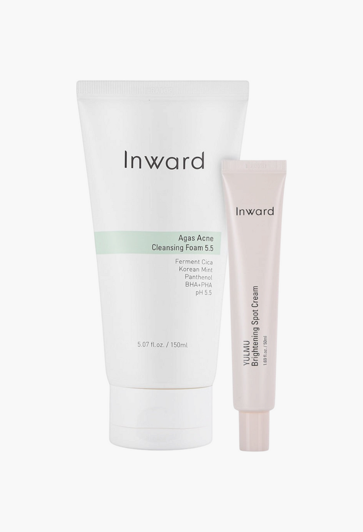 GLAM MODA Clear Radiance Set featuring Inward Agas ACue Cleansing Foam and Yulmu Brightening Spot Cream skincare duo.