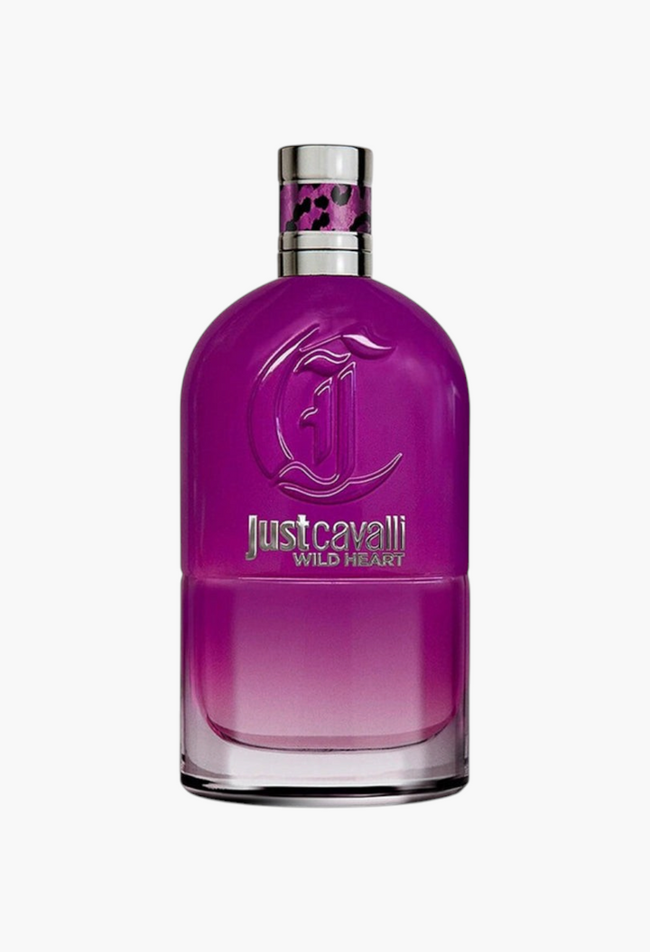 GLAM MODA Just Cavalli Wild Heart Eau de Parfum 90ml bottle in deep purple with a leopard print collar