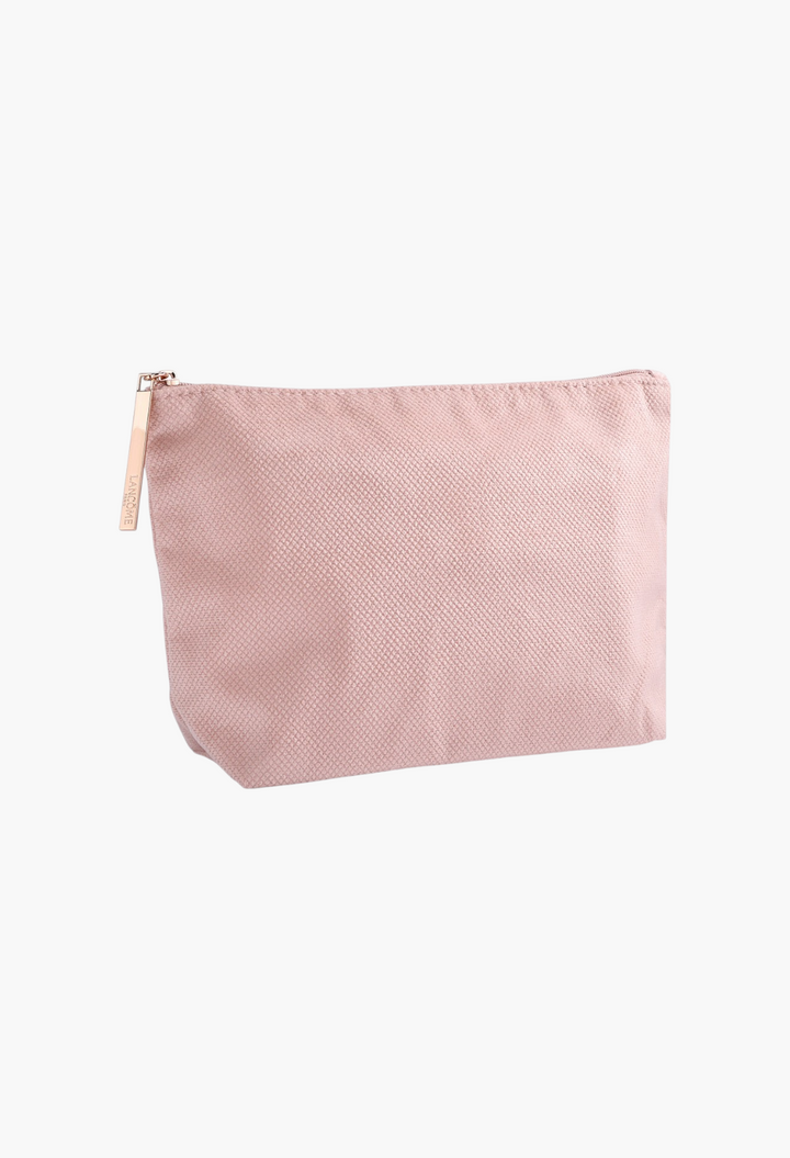 GLAM MODA Lancôme pink textured fabric cosmetic pouch with a rose gold zipper pull