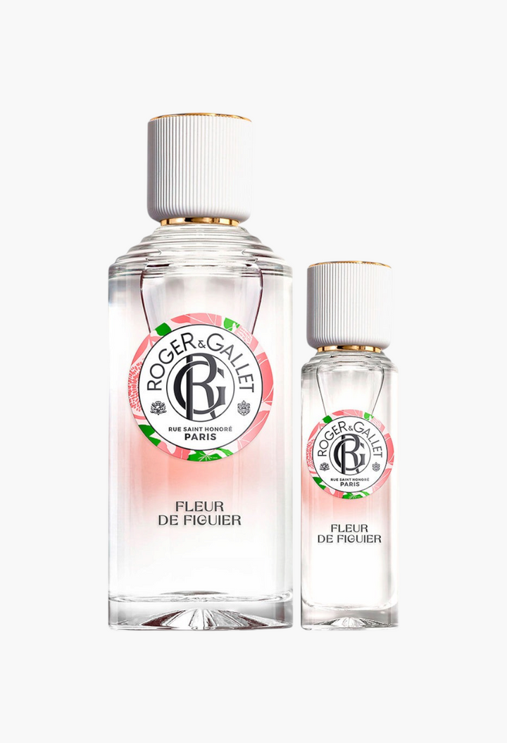 GLAM MODA Roger & Gallet Fleur de Figuier fragrance duo set featuring 100ml and 30ml glass perfume bottles.