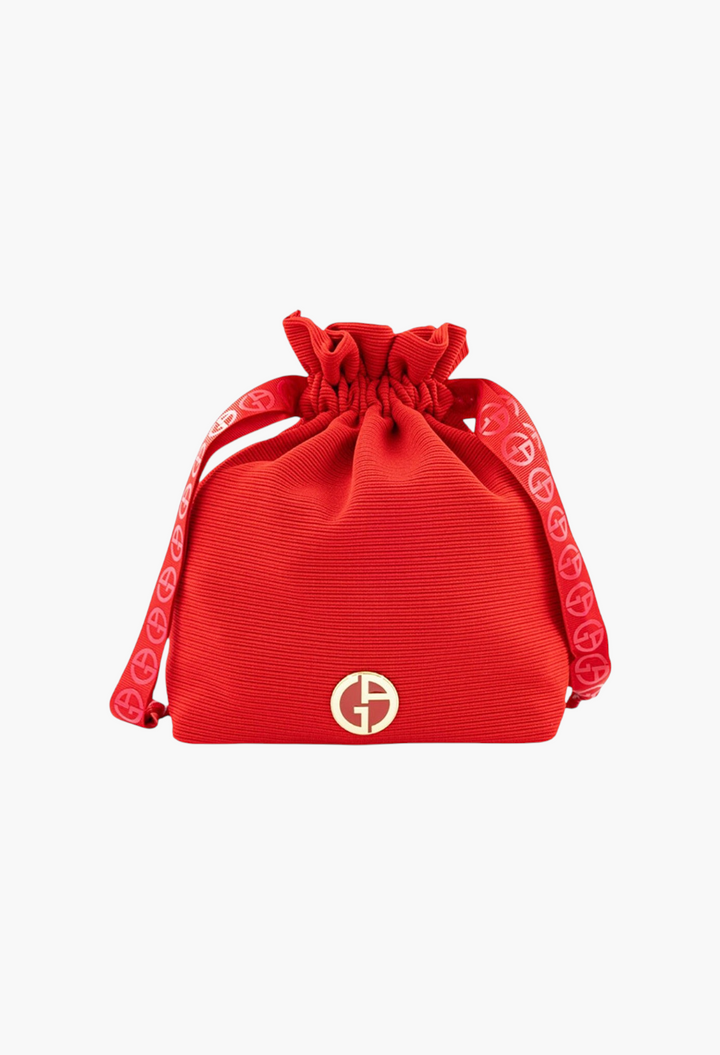 GLAM MODA red fabric drawstring pouch with Armani Beauty logo emblem and branded ribbon straps