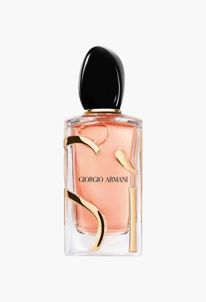 GLAM MODA Armani Beauty Si Intense refillable eau de parfum bottle with gold accents and black cap