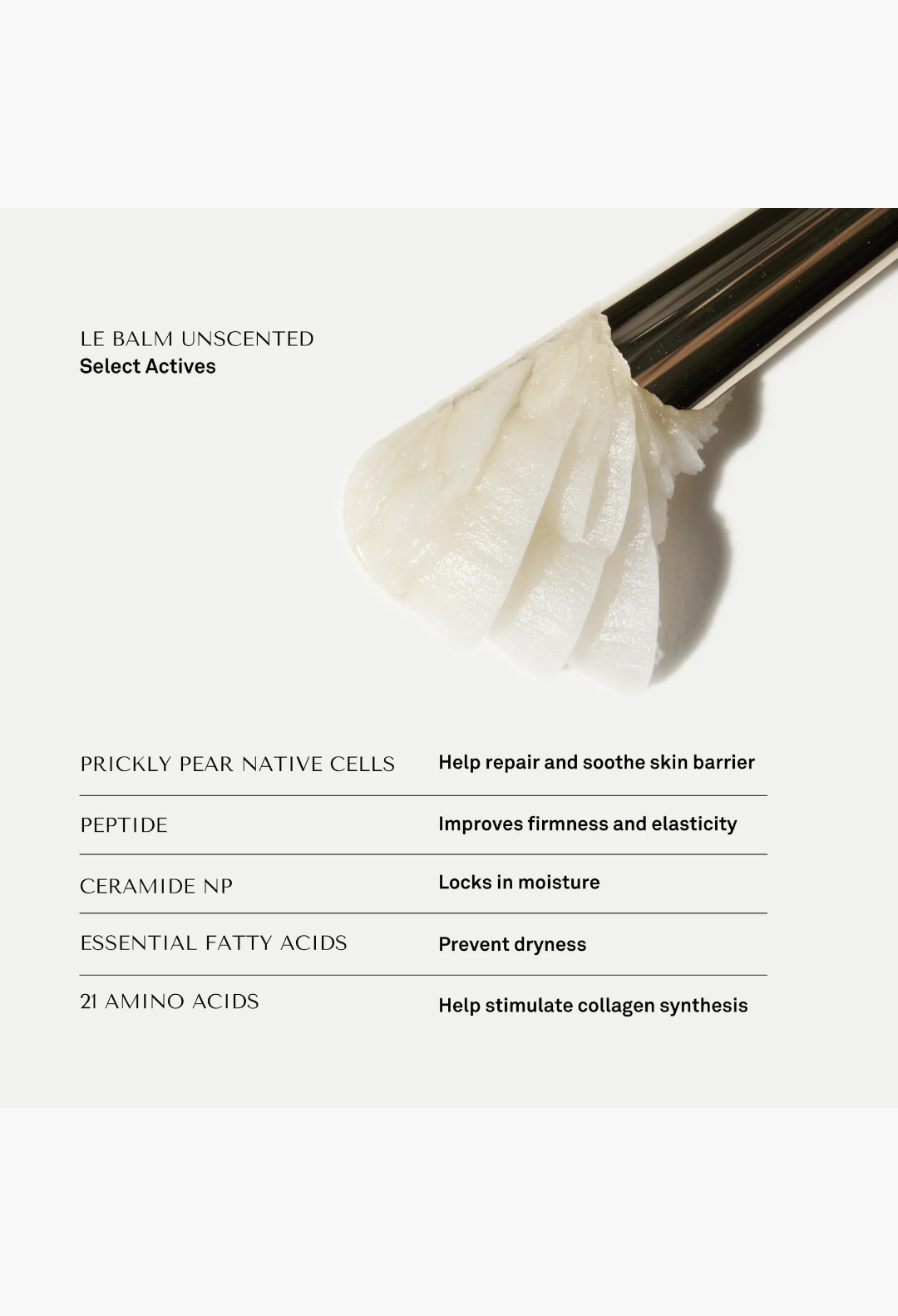 GLAM MODA Le Balm Unscented solid serum texture showing active ingredients like prickly pear cells and peptides