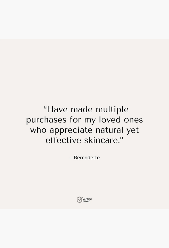 GLAM MODA customer testimonial quote about natural effective skincare for loved ones on a clean white background