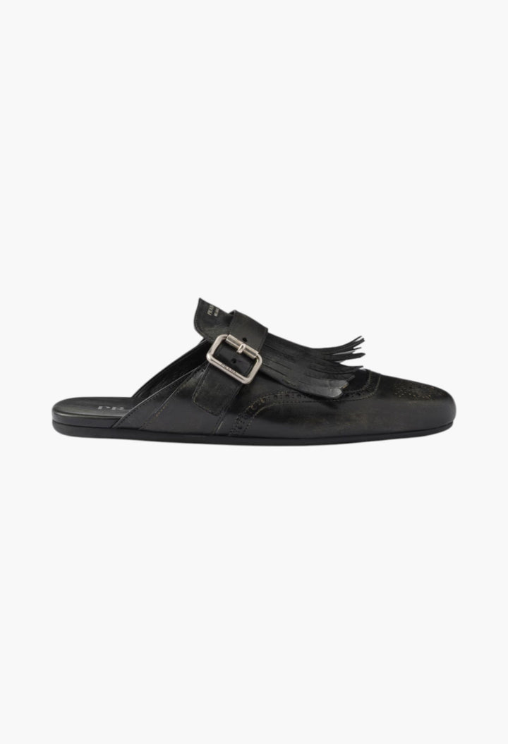Black - Shuffle Fringed Leather Mules - GLAM MODA