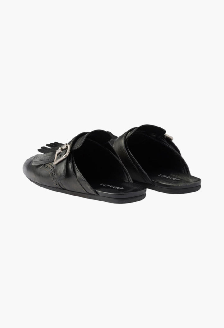 Black - Shuffle Fringed Leather Mules - GLAM MODA