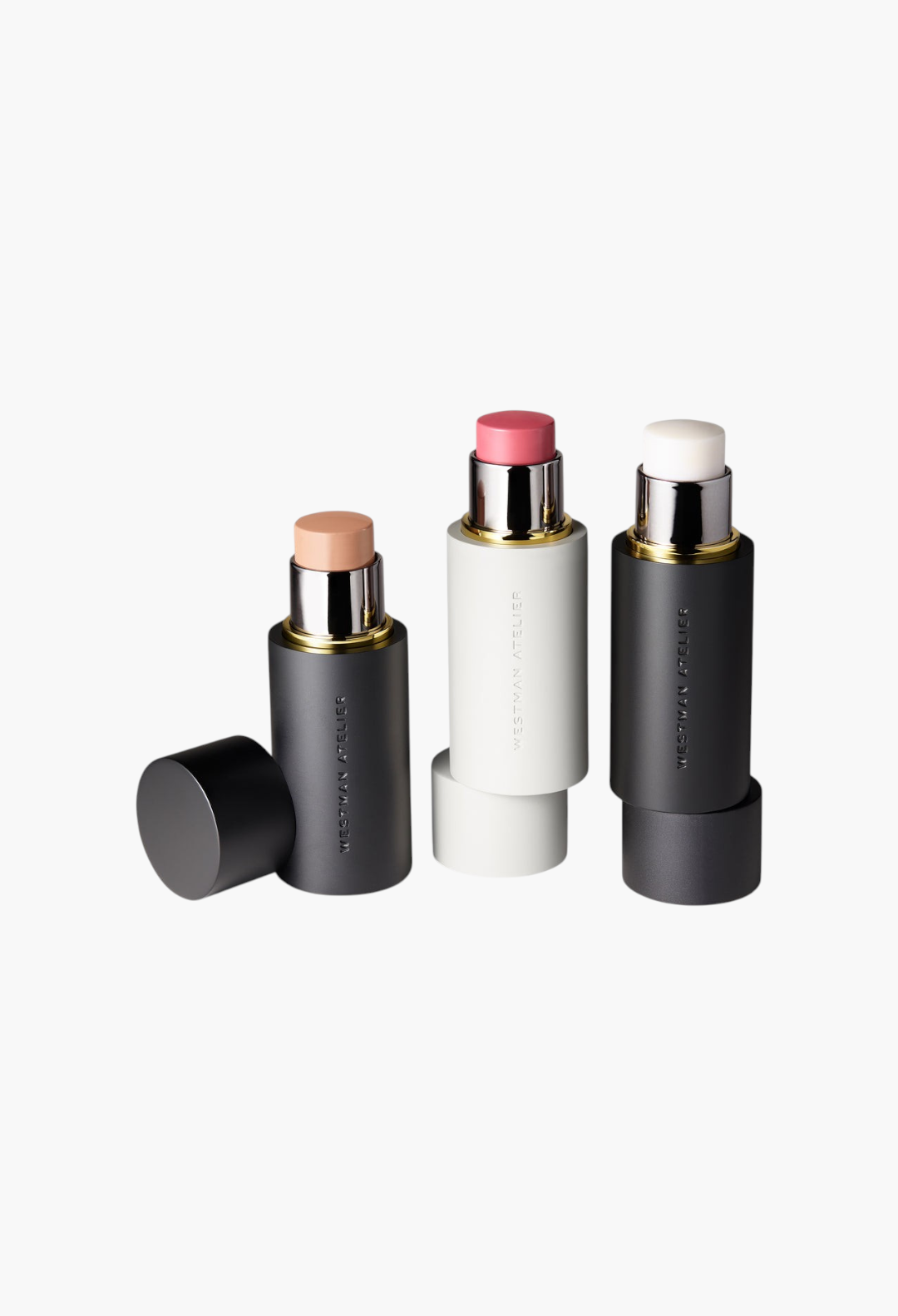 GLAM MODA The Clean Glow Trio featuring contour, blush, and highlighter sticks in sleek twist-up packaging.