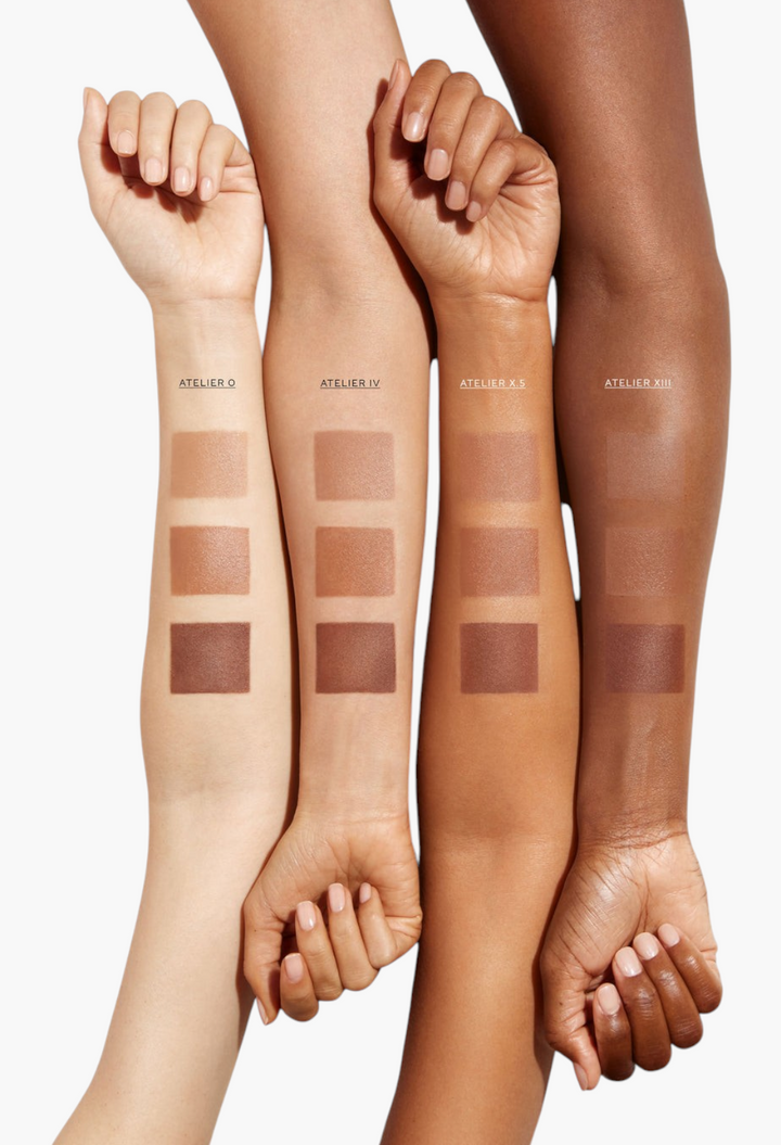 GLAM MODA Clean Glow Trio makeup swatches on four different skin tones showing contour, blush, and highlight shades.