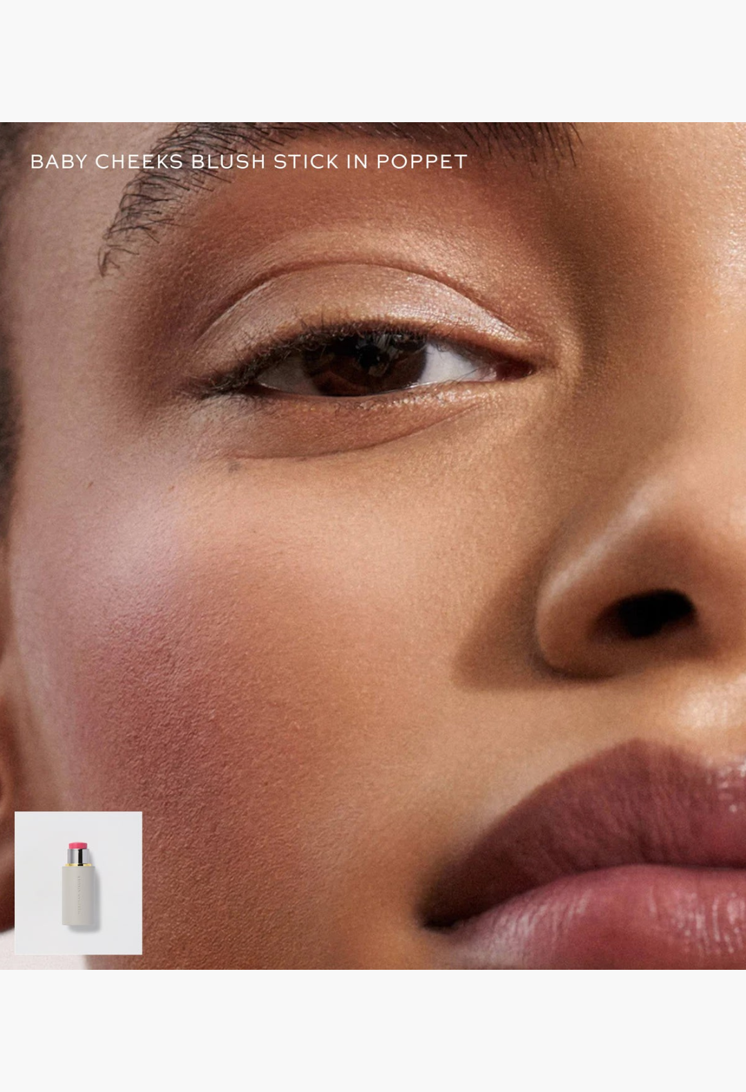 GLAM MODA Baby Cheeks Blush Stick in Poppet applied to a model's cheek and lips for a natural, healthy flush.