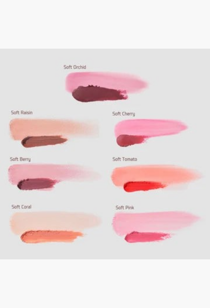 GLAM MODA Soft Smudge lip and cheek cream-to-powder stick swatches in eight diverse shades on a neutral background