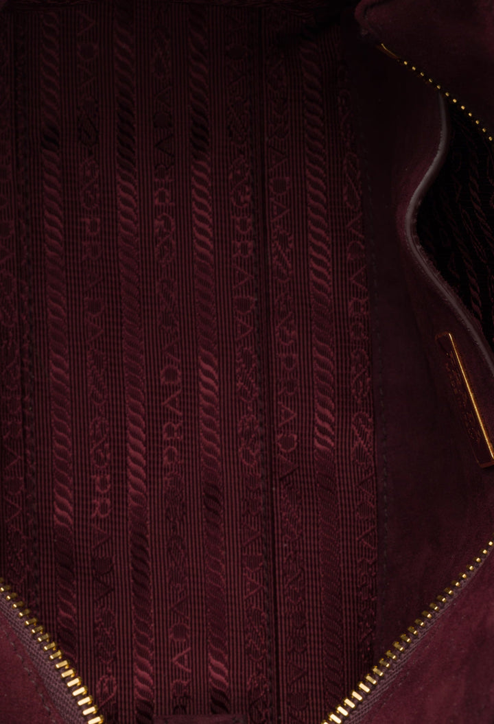 Burgundy - Prada Explore Medium Suede Shoulder Bag With Flap - GLAM MODA