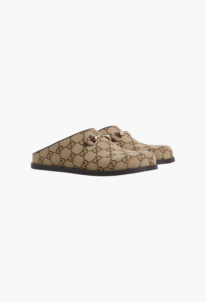 Camel And Dark Brown GG Canvas - Women's Mule With Horsebit - GLAM MODA