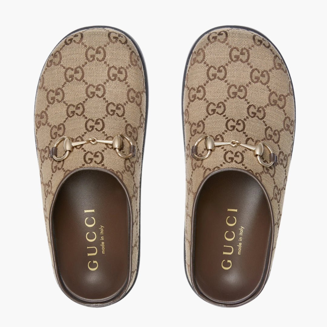 Camel And Dark Brown GG Canvas - Women's Mule With Horsebit - GLAM MODA