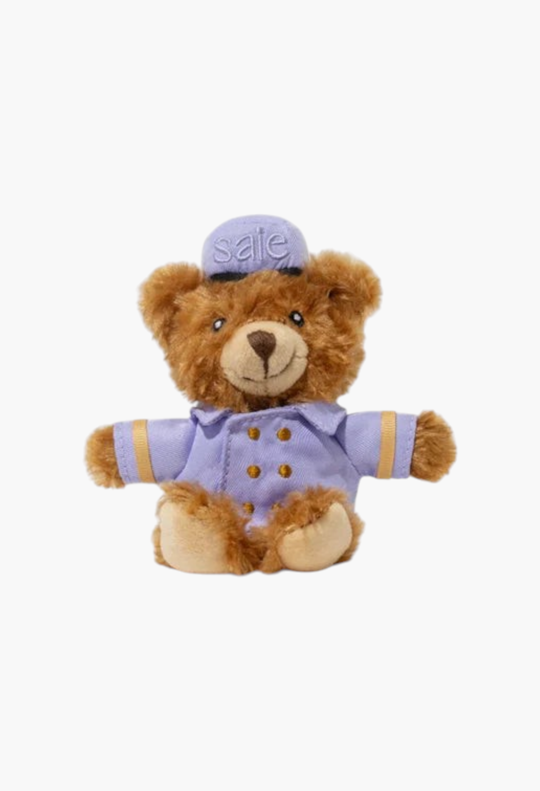 GLAM MODA bellhop bear keychain featuring a brown plush bear in a lavender uniform with gold buttons and matching cap