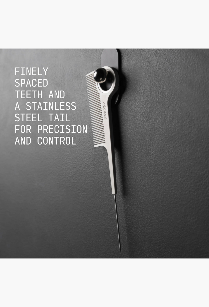 GLAM MODA parting tail comb with fine teeth and a stainless steel pin tail for precise hair sectioning and styling.