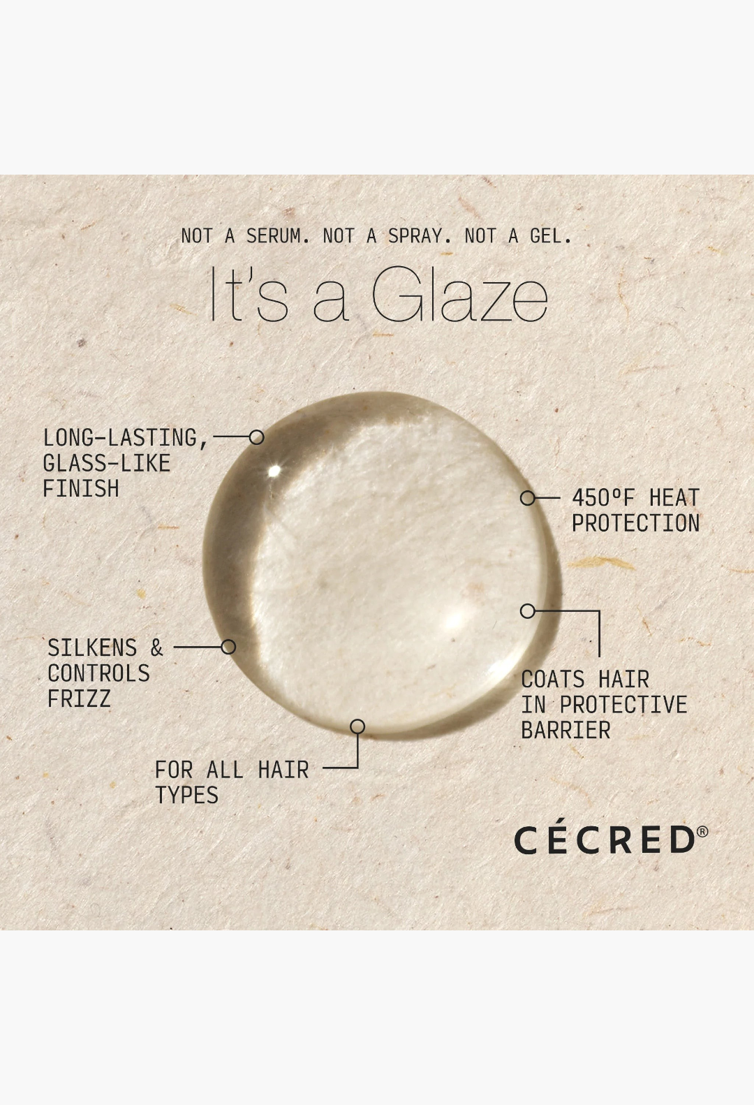 GLAM MODA Cécred Heat Activated Silk Glaze gel-serum hybrid with key benefits and features highlighted on white background