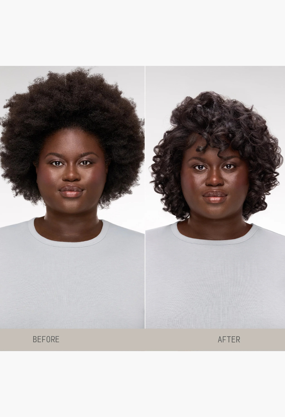 GLAM MODA Wrap & Set Foam before and after results on a woman with natural hair showing defined curls and frizz control