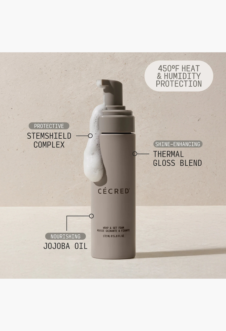 GLAM MODA CÉCRED Wrap & Set Foam bottle with dispensed white setting foam on a neutral background