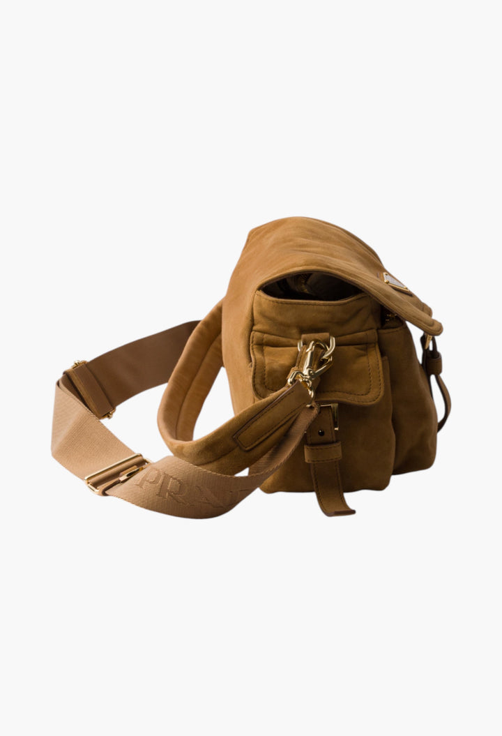 Cinnamon - Prada Explore Medium Suede Shoulder Bag With Flap - GLAM MODA