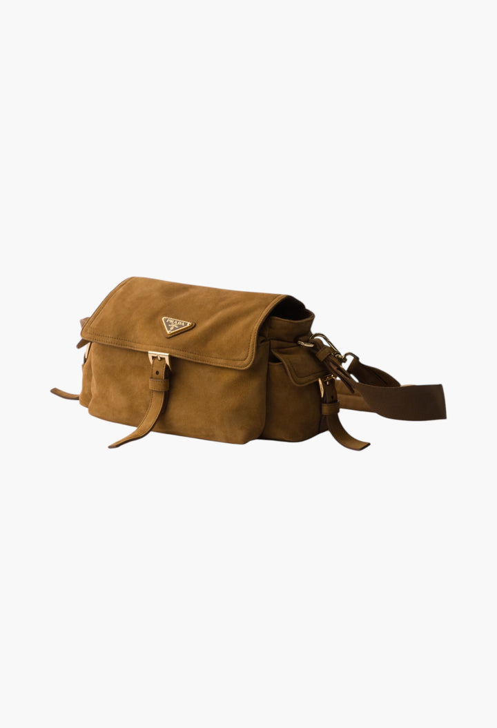 Cinnamon - Prada Explore Medium Suede Shoulder Bag With Flap - GLAM MODA