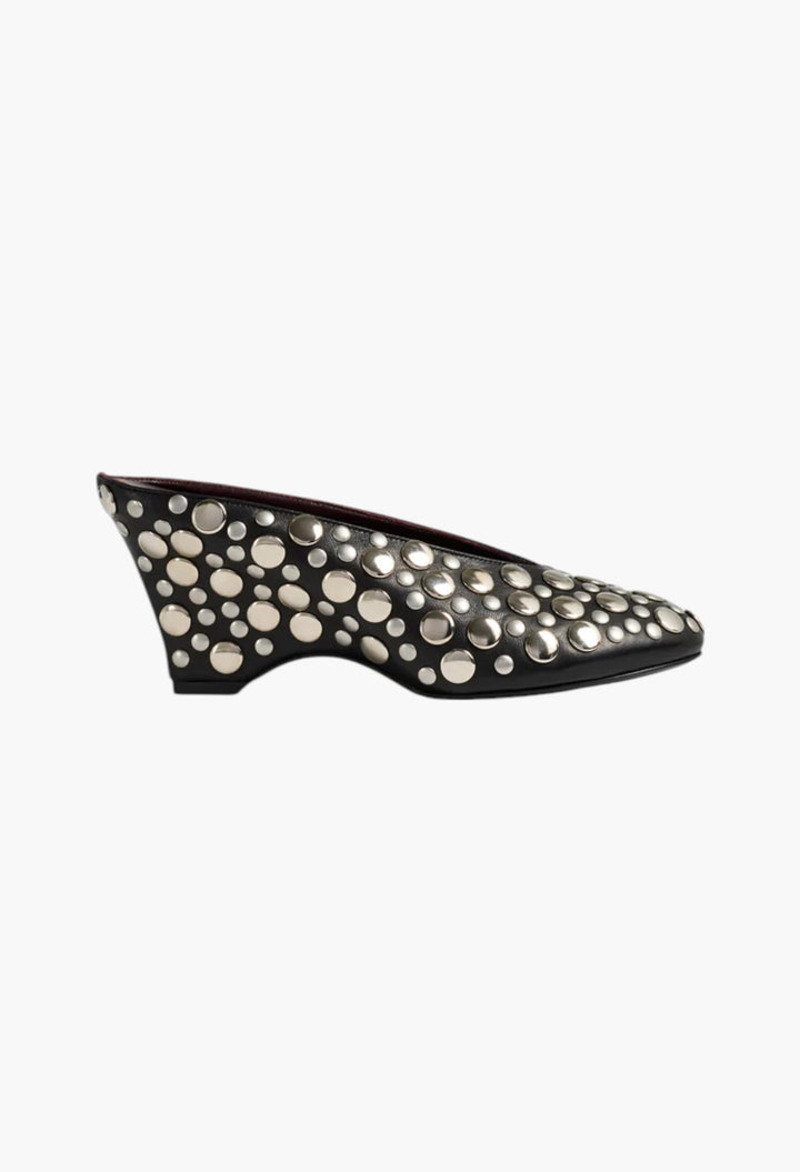 Cloak Wedge - Black Leather with Silver Studs - GLAM MODA