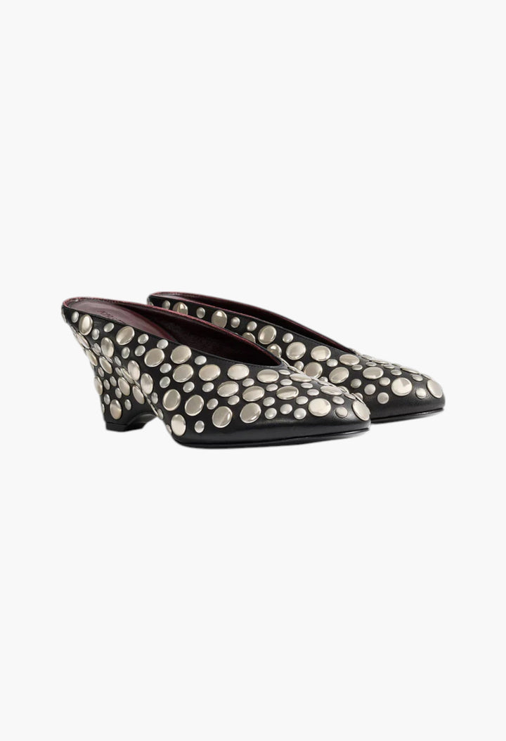 Cloak Wedge - Black Leather with Silver Studs - GLAM MODA