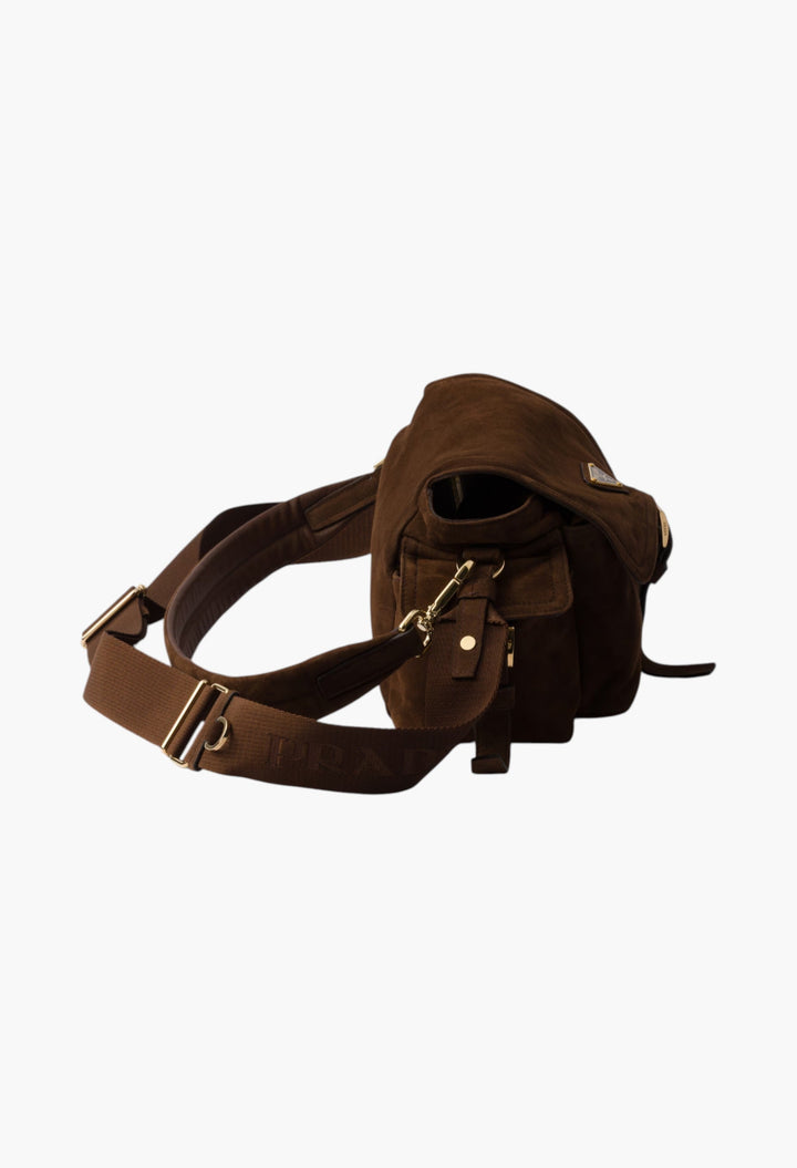 Cocoa Brown - Prada Explore Medium Suede Shoulder Bag With Flap - GLAM MODA