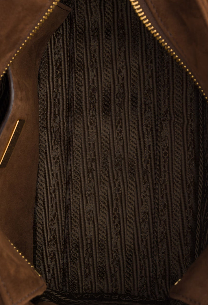 Cocoa Brown - Prada Explore Medium Suede Shoulder Bag With Flap - GLAM MODA
