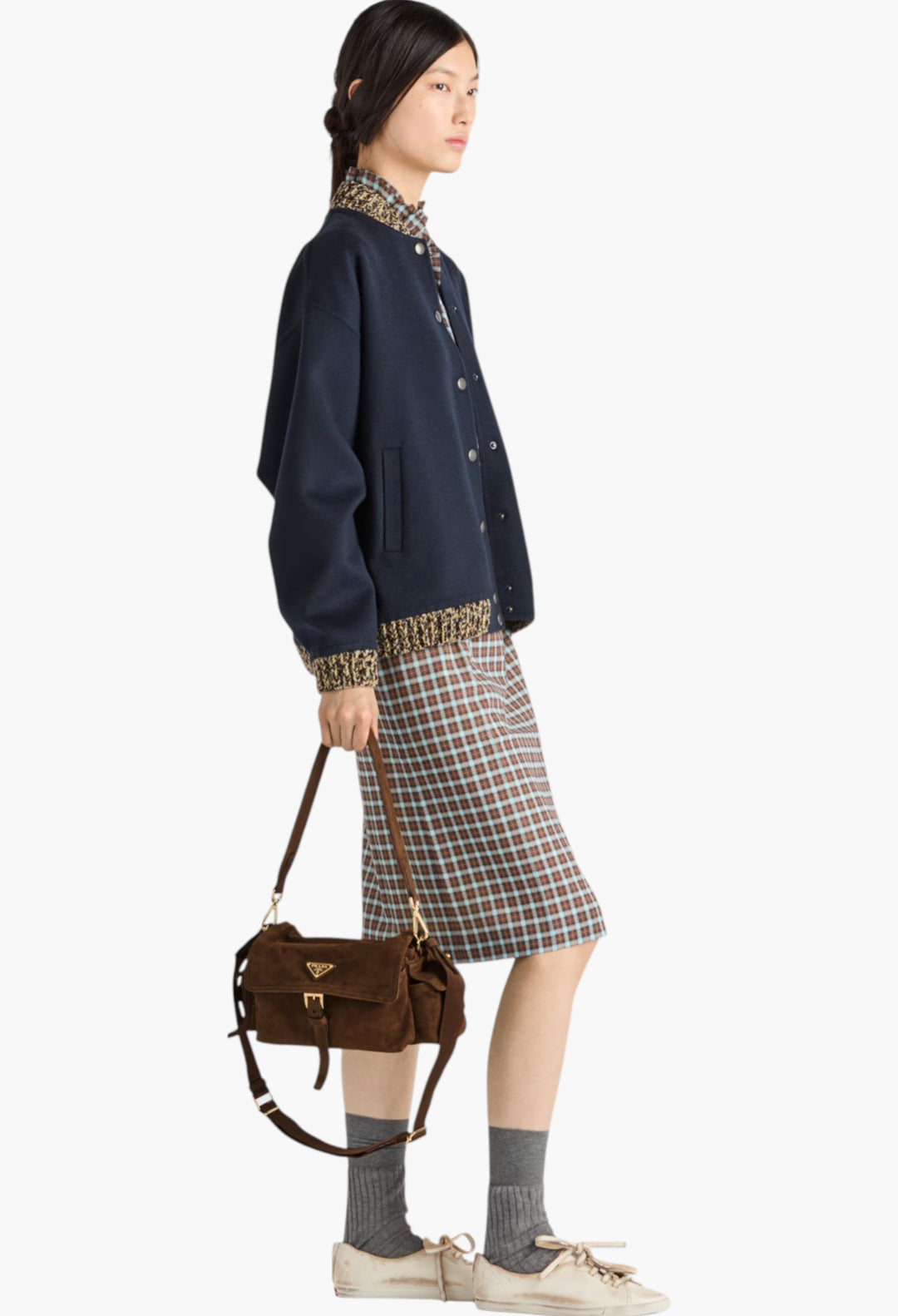 Cocoa Brown - Prada Explore Medium Suede Shoulder Bag With Flap - GLAM MODA