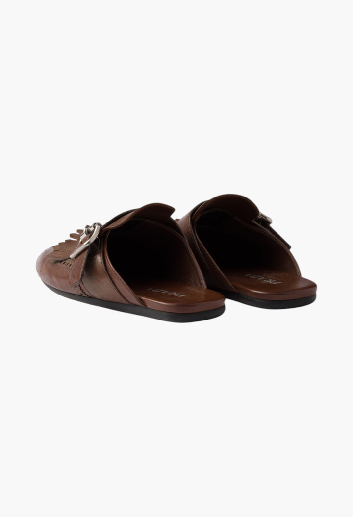 Cognac - Shuffle Fringed Leather Mules - GLAM MODA