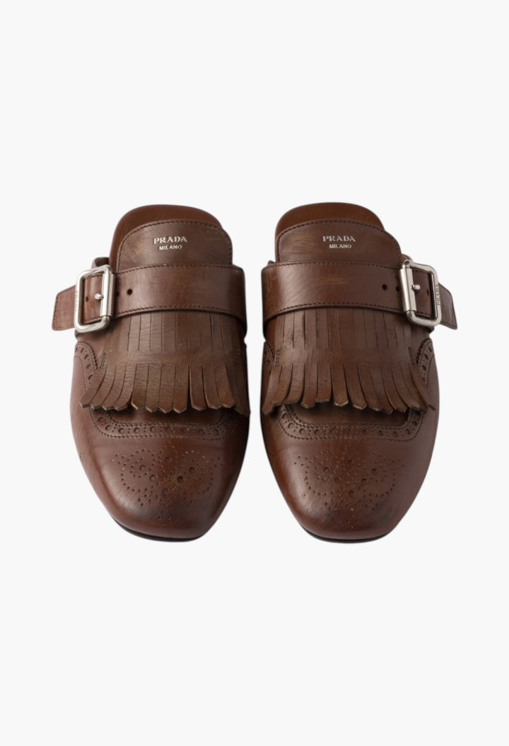 Cognac - Shuffle Fringed Leather Mules - GLAM MODA
