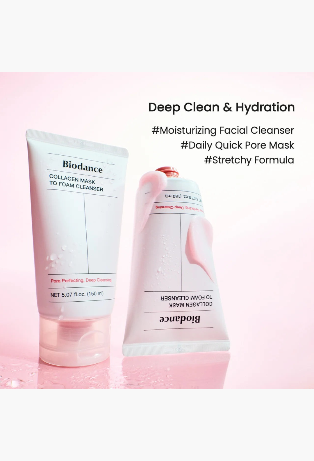 GLAM MODA Biodance collagen mask to foam cleanser tubes with stretchy pink formula on a soft pink background